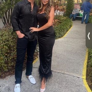 Black dress with feathered bottom, Bloomingdale’s, worn once